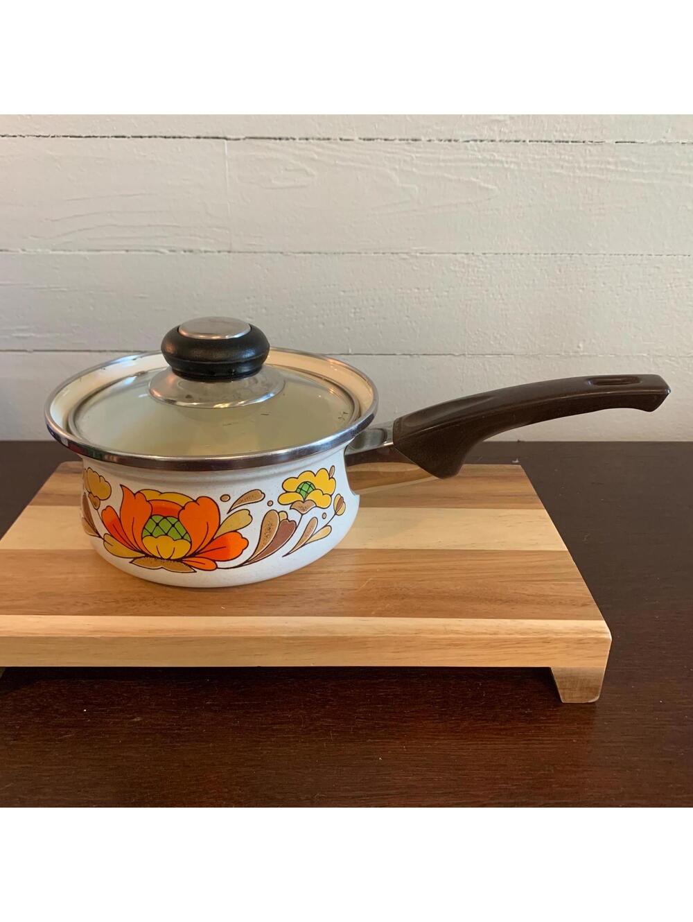 Sanko Ware Japan 1970’s Country Flowers Saucepan - Porcelain Enameled Steel